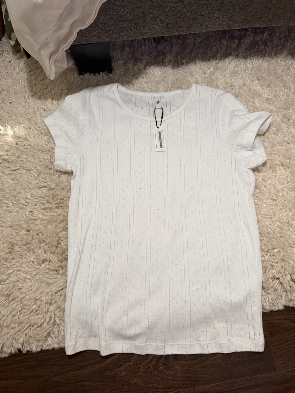 Women's White Short Sleeve Eyelet Knit Tee